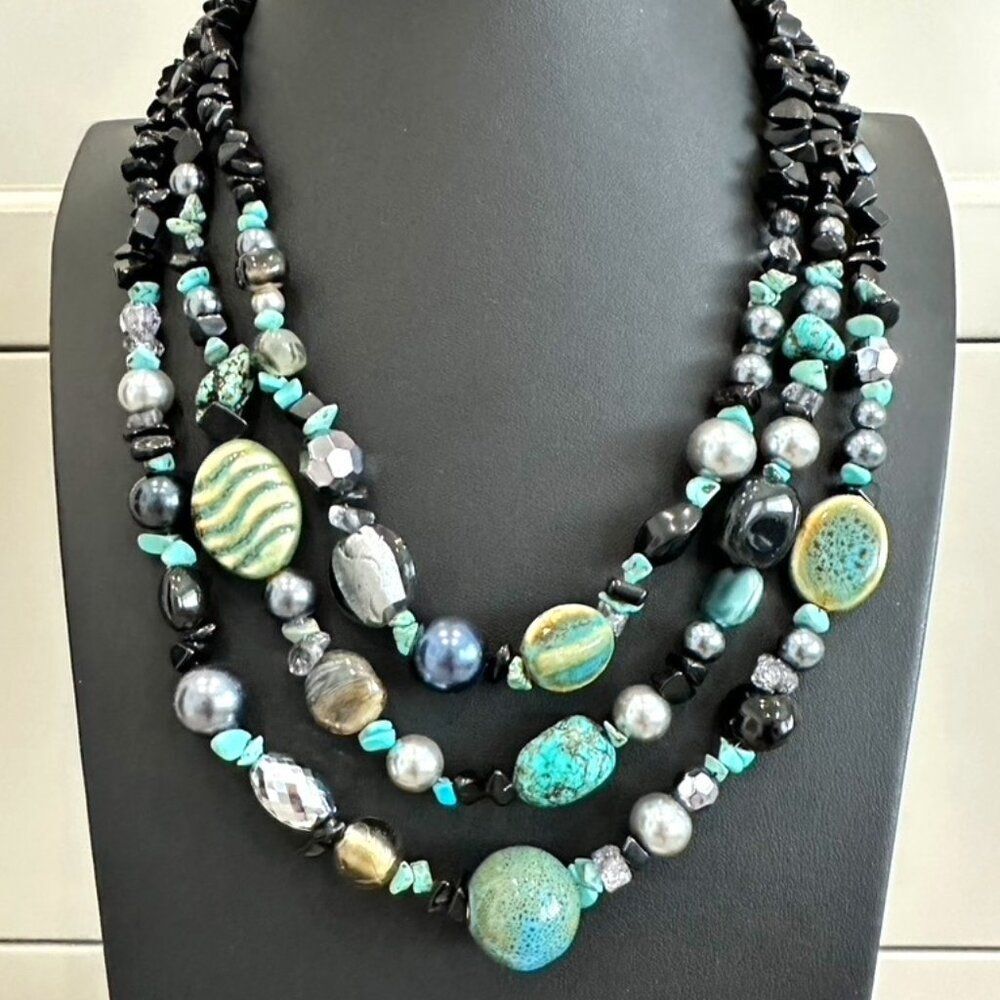 Southwest 3 Strand Necklace Chunky Faux Turquoise Stone Ceramic Beaded - N NENA